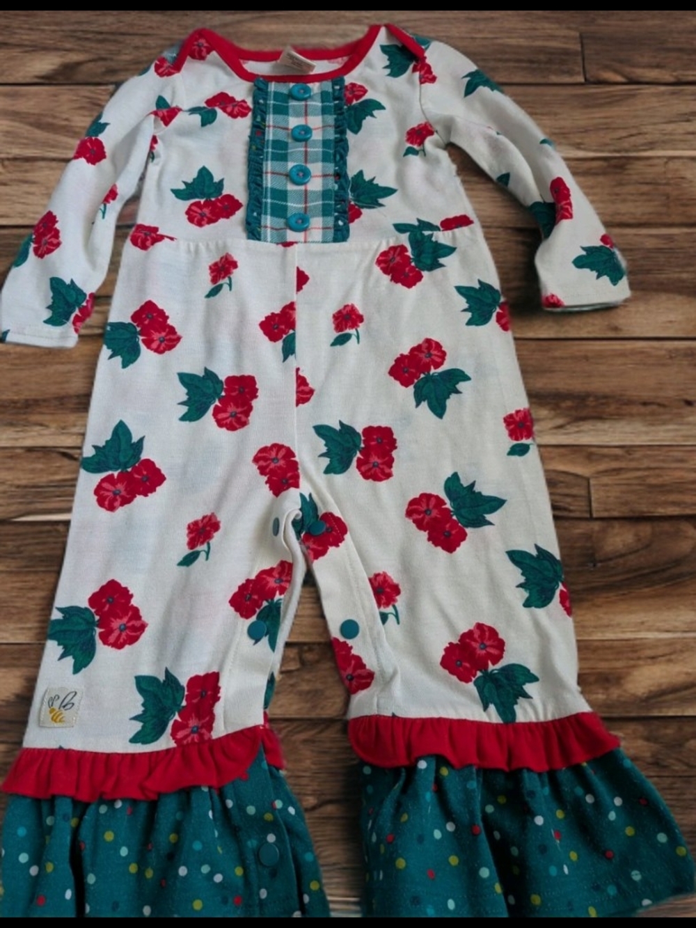 Wildflowers Red & Teal Floral Ruffle Romper with Plaid Placket Size 18 Months